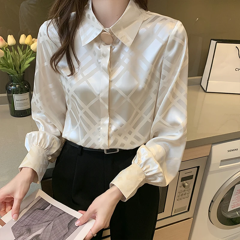 Women's Shirt Chiffon Blouses for Female Long Sleeve Striped Tops Women-clothing Polo Neck Tops Women 2021 Female Basic Shirt OL