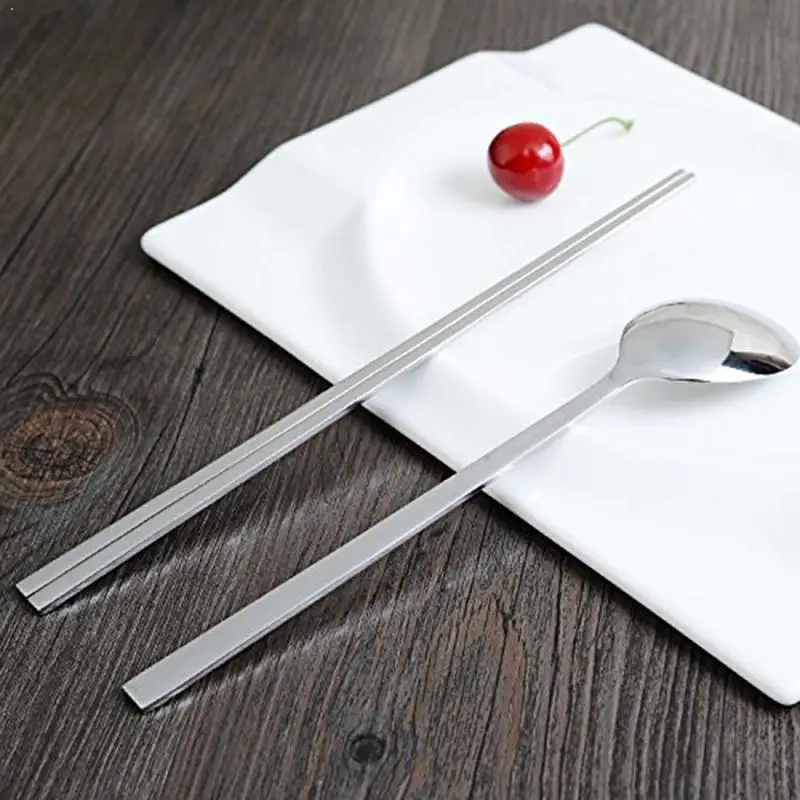 

Плоские металлические палочки в китайском стиле, Нескользящие палочки для еды с многоразовыми палочками, набор ложек из пищевой стали O3M2