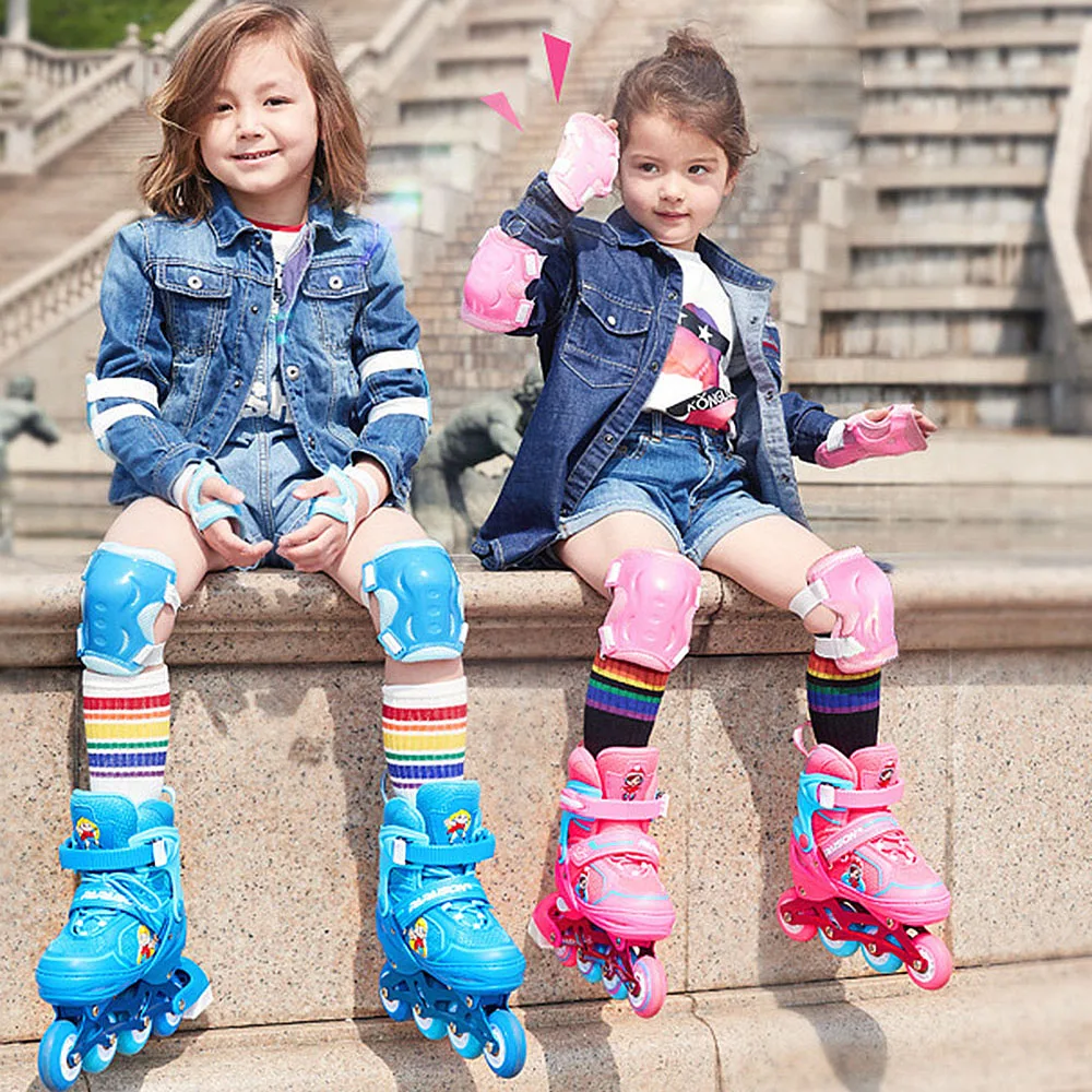 Professional Girls Boys Inline Skates 4 Wheels Roller Skates Adjustable PVC Children's Skates Shoes with Combo Set Blue Pink