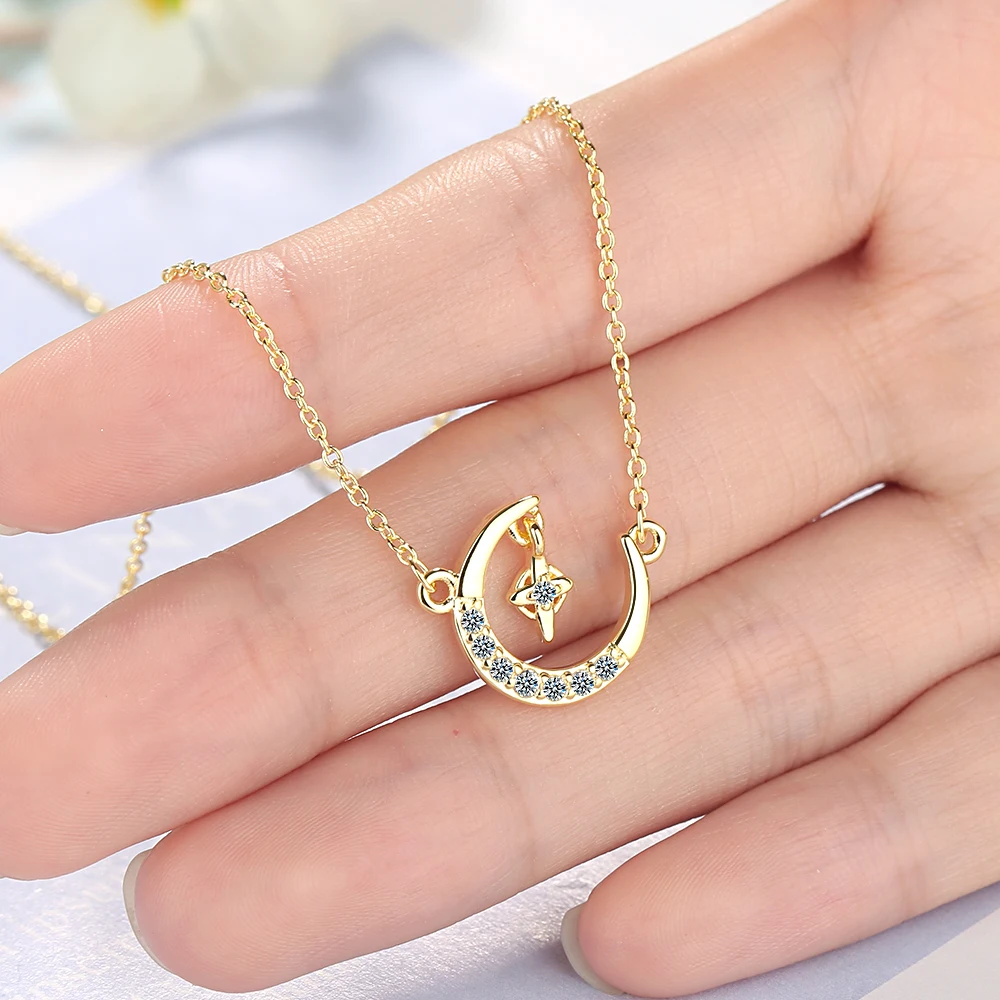 925 Sterling Silver Moon Stars Charm Pendant Necklace for Women Fashion Choker collier Lady | Украшения и аксессуары