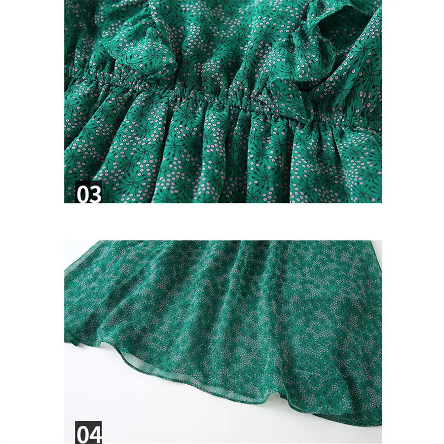 

Bohemian Green Flower Chiffon Puff Sleeve Dress Yirls 4-13 Years Fashion Square Collar Ruffle Slim Waist Mid Calf Dresses Child