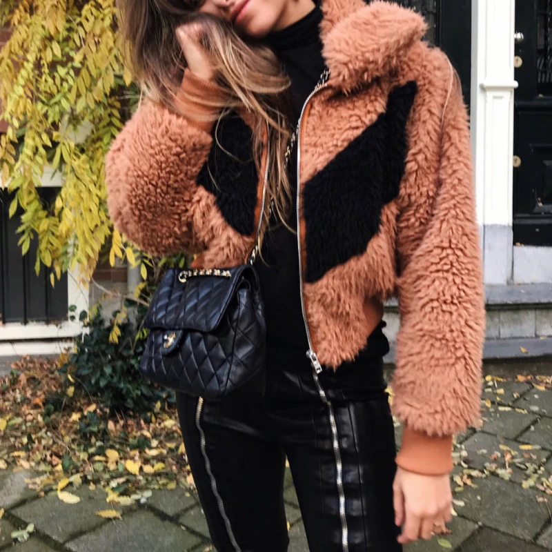 

Vogue Vintage Woman Lalambswool Short Coat Pop Fashion Ladie Autumn Patchwork Turn Down Collar Jacket Female Chic Zipper Outwear