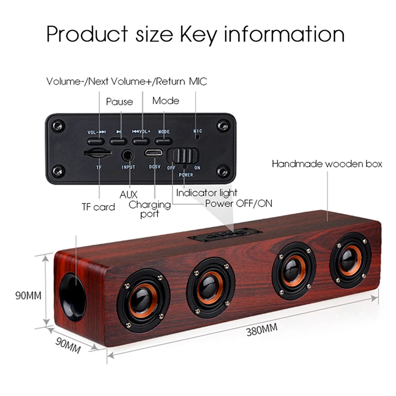 Деревянный динамик бас 20 Вт беспроводной Bluetooth FM Hifi ТВ Саундбар сабвуфер USB AUX MP3