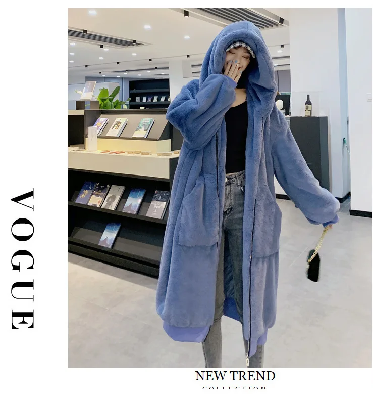 30 Degrees Fur Coat Women Casual Hoodies Furry Thick Warm Long Faux Rabbit Fur Jacket Loose Winter Coat Women OverCoat