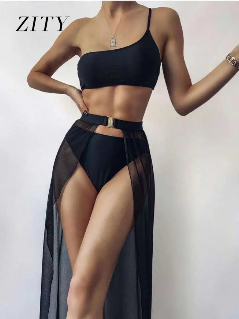

ZITY 2021 Sexy 3-Piece See-Through Mesh Bikini Solid Color One-Shoulder Beach Cover Skirt Swimsuit Swimsuit Women