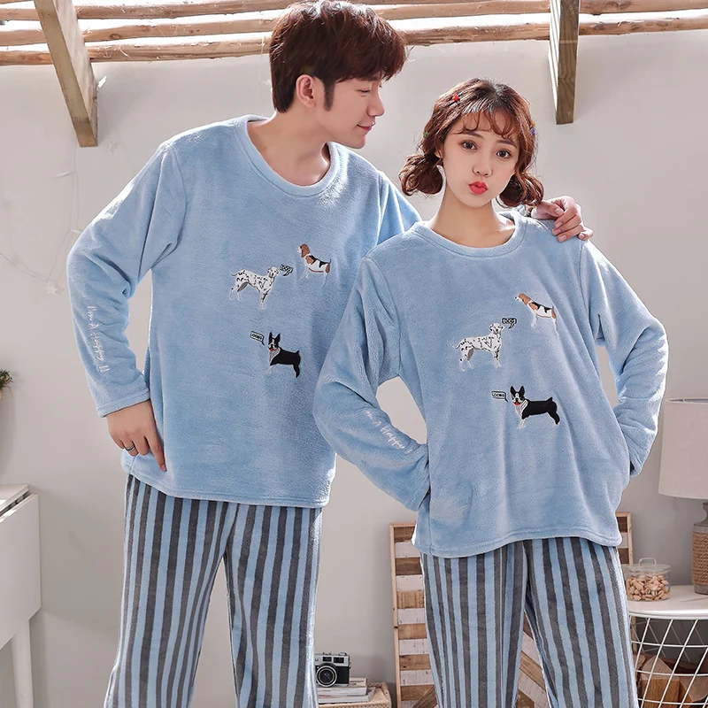 

Winter Thick Warm Flannel Pajamas Sets for Couple Long Sleeve O-neck Coral Velvet Pyjama Cute Cartoon Sleepwear Plus Size M-3XL