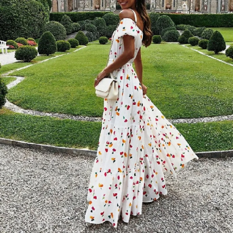 Платье женское длинное с открытыми плечами пикантное пляжное в стиле бохо