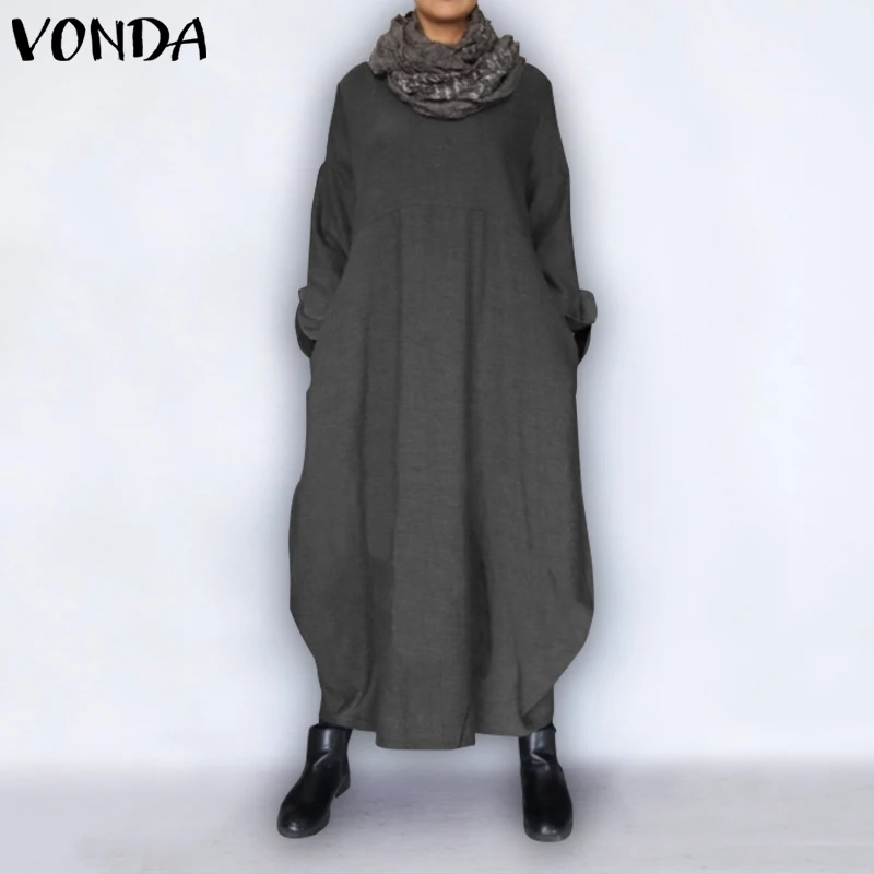 

Autumn Dress VONDA 2021 Women Casual Loose Solid Long Sundress Ladies Pockets Vintage Long Sleeve Maxi Vestidos Oversized