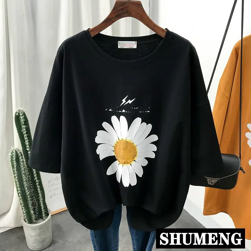 Женская хлопковая Футболка Ulzzang свободная Базовая футболка с цветочным принтом