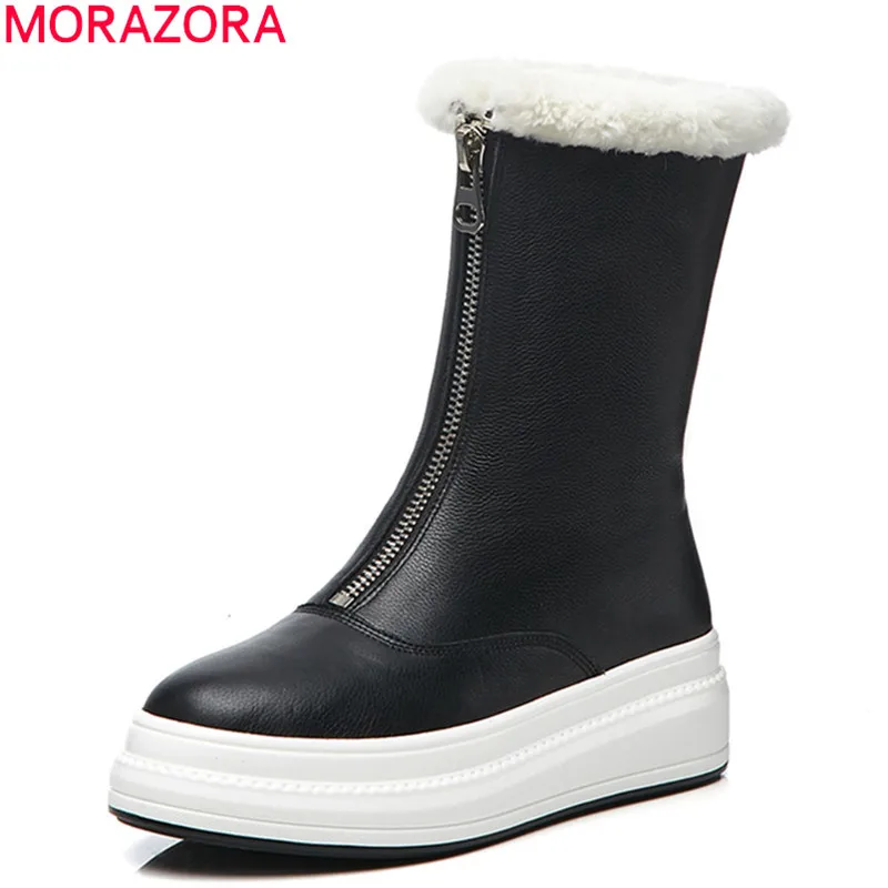 MORAZORA/; зимние сапоги из натуральной кожи; модная женская обувь с круглым носком; Зимние Теплые ботильоны; цвет черный, белый; большой размер 40