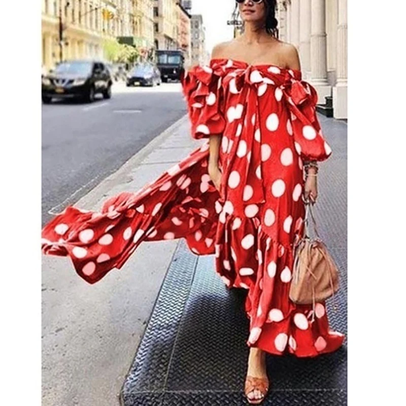 Плиссированное платье в горошек Boho летнее пляжное макси с открытыми плечами 2020