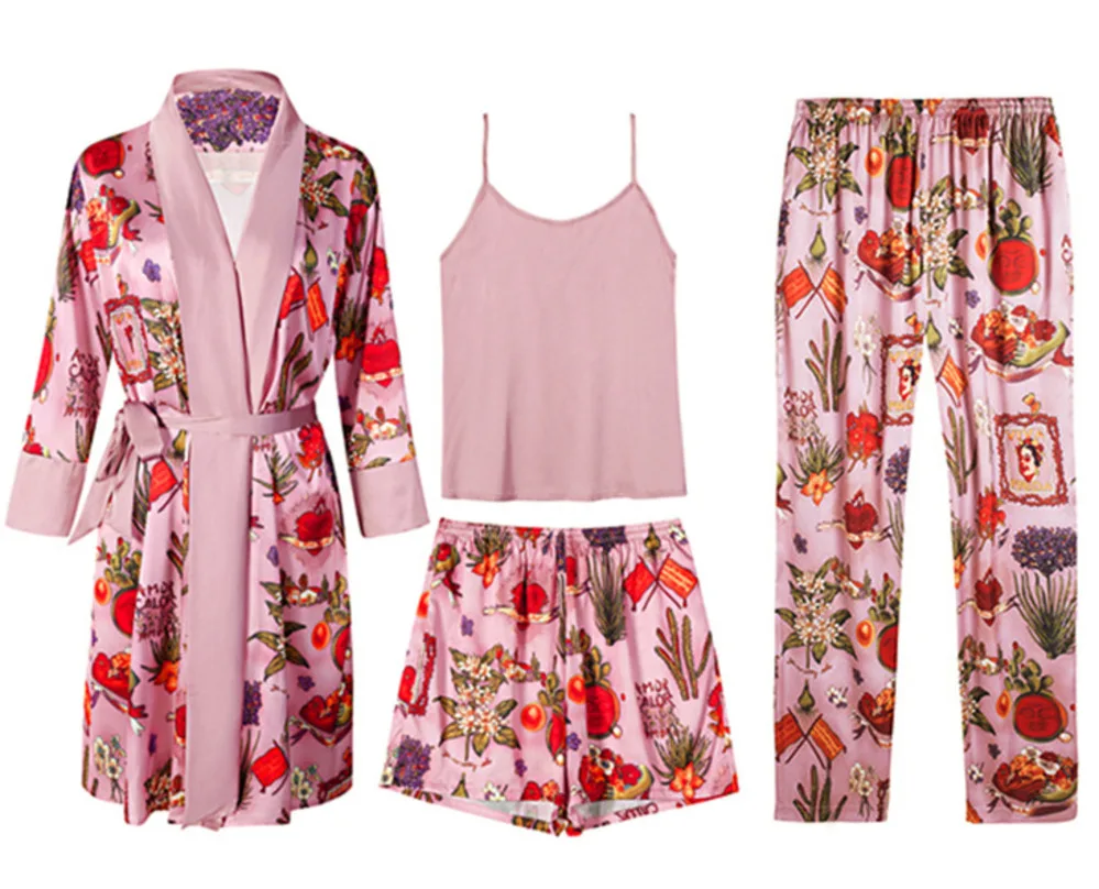 

Sexy Imitation Silk Satin Frida Pajamas Women Spring Summer Home Ice Silk Pajamas Set Autumn