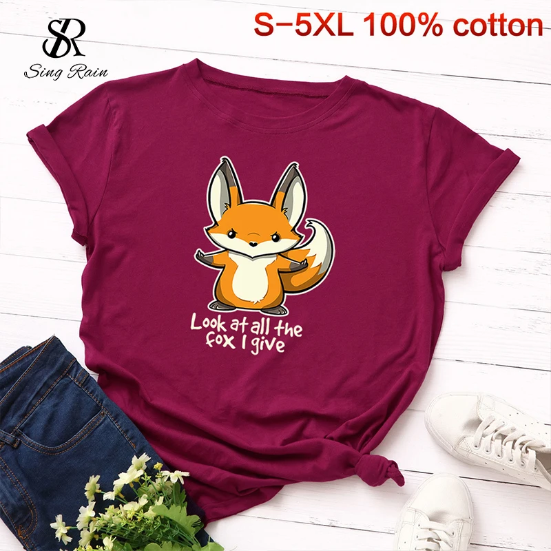 Женская футболка SINGRAIN размера плюс с лисой Милая мультяшным принтом в стиле