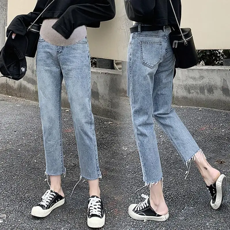 

Autumn fashion loose blue jeans pregnant women straight jeans elastic waist belly casual pants pregnant women's clothing