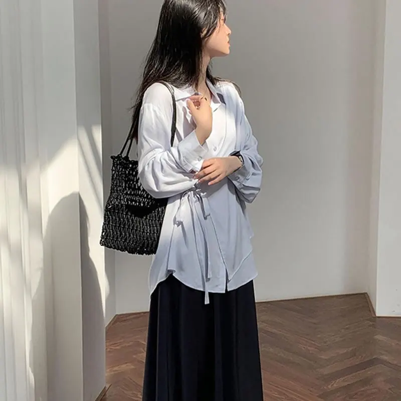 

XITAO Bandage Patchwork Casual Blouse Women Tide Fashion New Korean Style Turn Down Collar Long Breasted Elegant Slim Top ZY4682