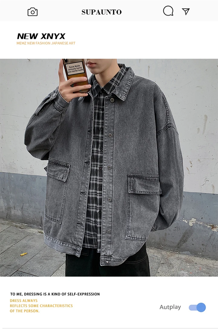 

Vintage Denim Cargo Pants Jacket Male Korean Style Autumn and Winter Ins Popular Brand COUPLE'S Loose Leisure All-Matching