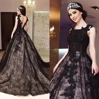 gothic black wedding dresses backless appliques lace sweep train chapel garden bridal gowns vestidos de novia plus size