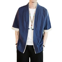 chinese style kungfu jacket summer men cotton linen loose kimono mens short sleeve cardigan male solid color outerwear open coat