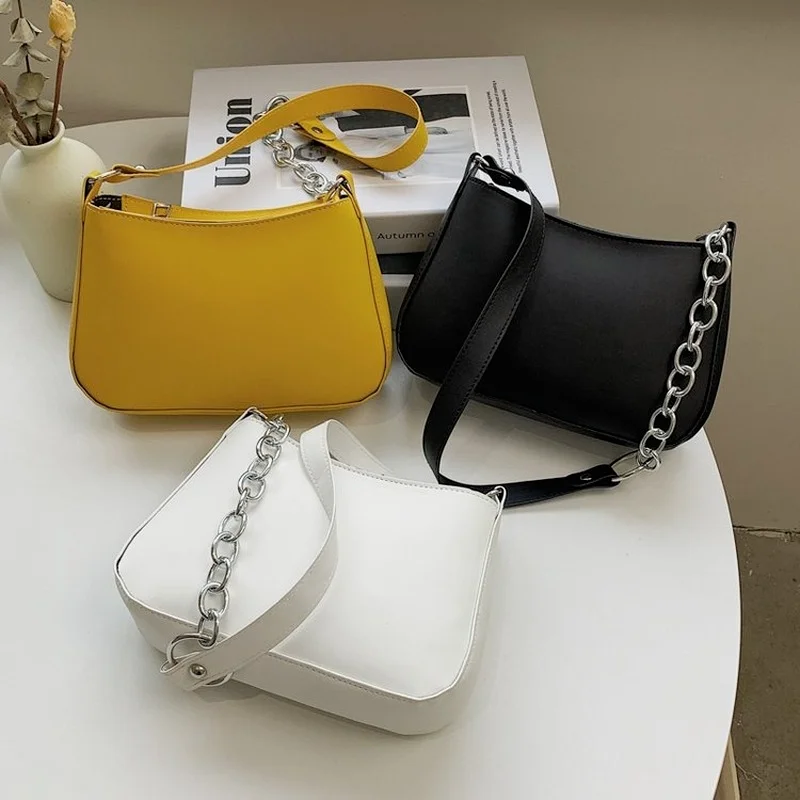 

Fashion Women PU Leather Shoulder Bags Pure Color Underarm Hobos Bag Vintage Chain Zipper Ladies Handbags 2021 Tote Hot Sale