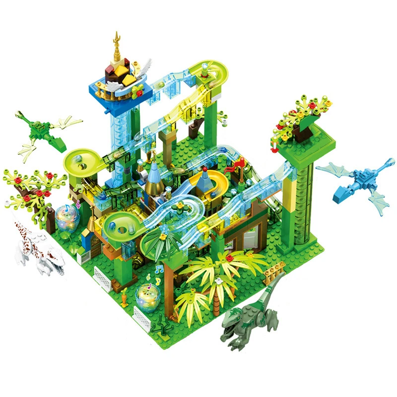 

Marble Race Run Electric Funnel Slide Track Maze Ball Building Blocks Jurassiced Dinosaur Park World Kids Toys With Light Music