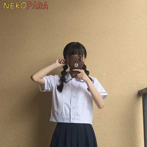 

Japanese Style Women's Accordion Pleats Girls Student Uniform Lolita White Blouse Shirt Tops Blue Edge