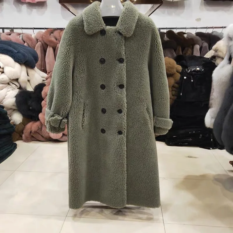 green SY12, осенне-зимнее женское пальто из 30% шерсти, меховое пальто, а-образное, на пуговицах, с карманами, для стрижки овец, для девушек, теплое меховое пальто, женская длинная куртка, пальто - Цвет: green
