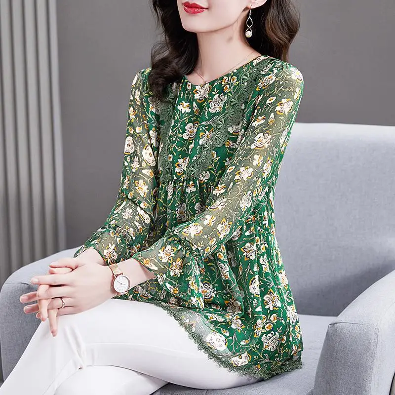 

Women Chiffon Spring Summer Fashion Print Folds Blouses Shirts Temperament Ruffle Casual Loose O-Neck Tops Blusas MM0406