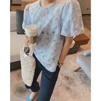 2021 womens floral petal lace puff short sleeve blouses and shirts crop top za woman clothes korean fashion summer elegant t