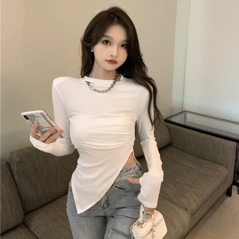 

Футболка женская сетчатая с длинным рукавом, пикантная Облегающая рубашка с разрезом, асимметричная блузка в складку, красный топ, Y2k, на осе...