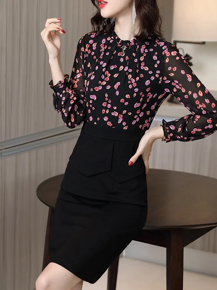 

New Long-Sleeved Spring Autumn Slim Waist Elegant Floral Hip Women Dress Hedging Bow Stitching Mid-Waist Commuter Fake Two-Piece