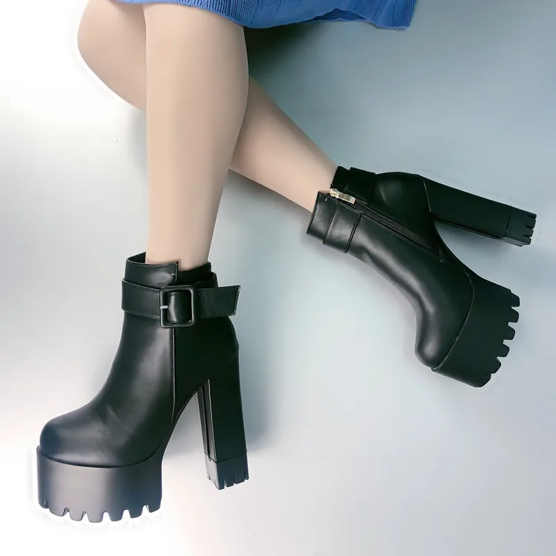 

14cm High Heel Boots For Women Sexy Block Heel Black Ankle Boots With Platform