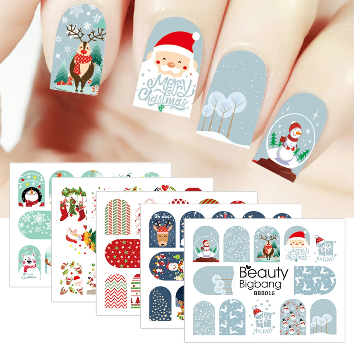 

1Sheet BEAUTYBIGBANG Christmas Snowflake Santa Claus Full Wraps DIY Nail Art Sticker Water Transfer Manicure Stickers