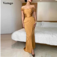 verngo gold long evening dresses beads off the shoulder front slit stretch satin prom gowns saudi arabic women formal dress 2022