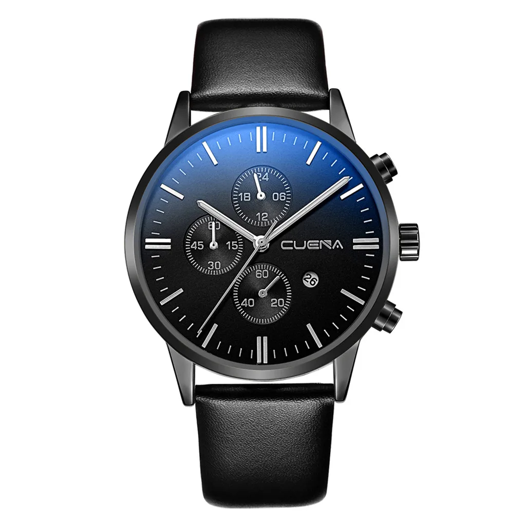 

Luxury Fashion Faux Leather Mens Blue Ray Glass Quartz Analog Watches relogio masculino reloj hombre relojes para hombre