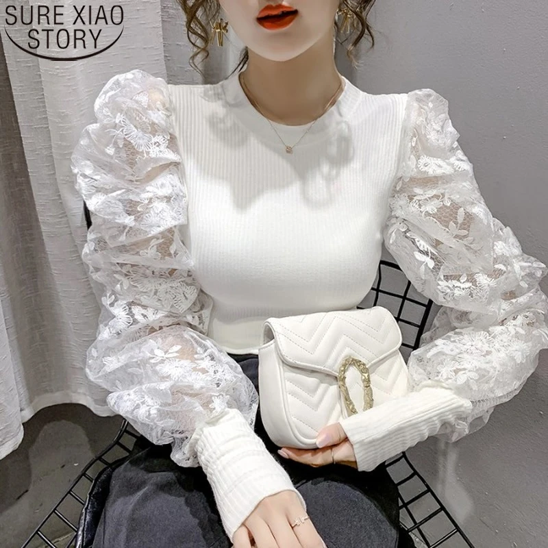 

2021 New Women Lace Knitted Shirt Women Spliced Blouse Autumn Korean Style Cool Round Neck Puff Sleeve Lace Women Tops 11263