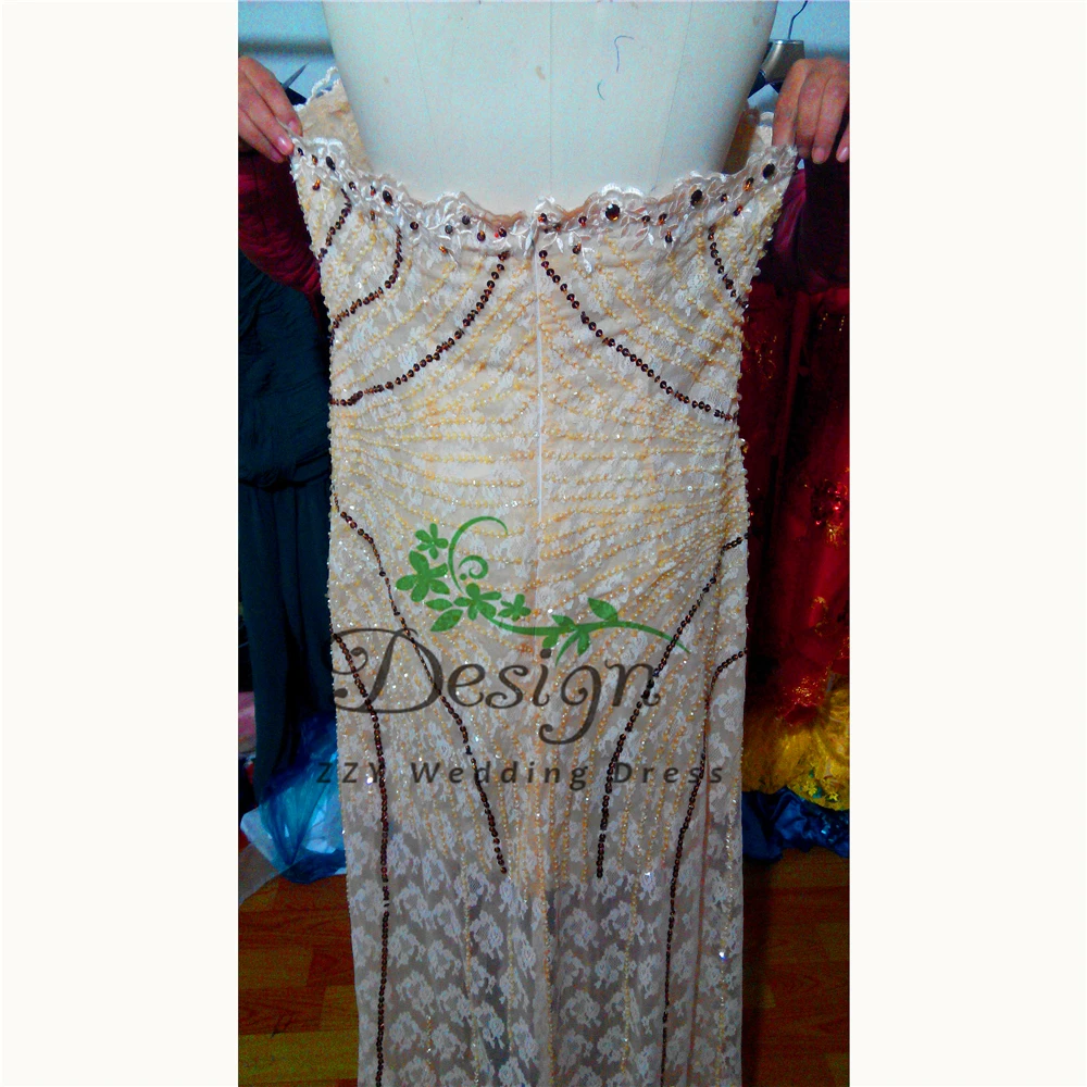 

Perfect Real Sparkling Sequins Beading Lace Champange Evening Dresses Sweetheart Neckline Front Splited Formal prom dresses 2020