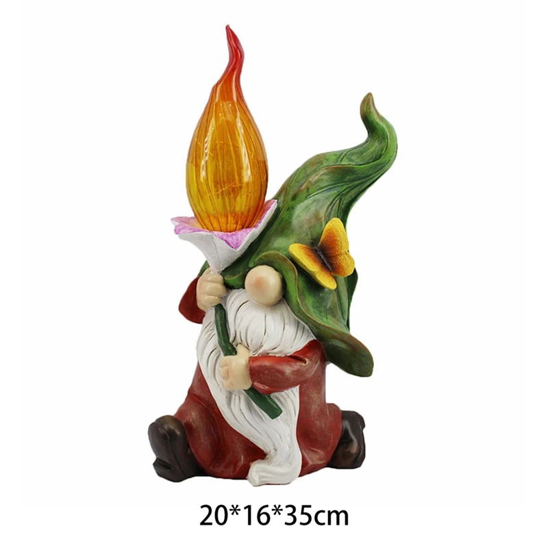 

Resin Garden Gnome Statues Solar Powered LED Gnome Figure Genie Flame Light Dwarf Sculpture Decorations for Garden Lawn Patio