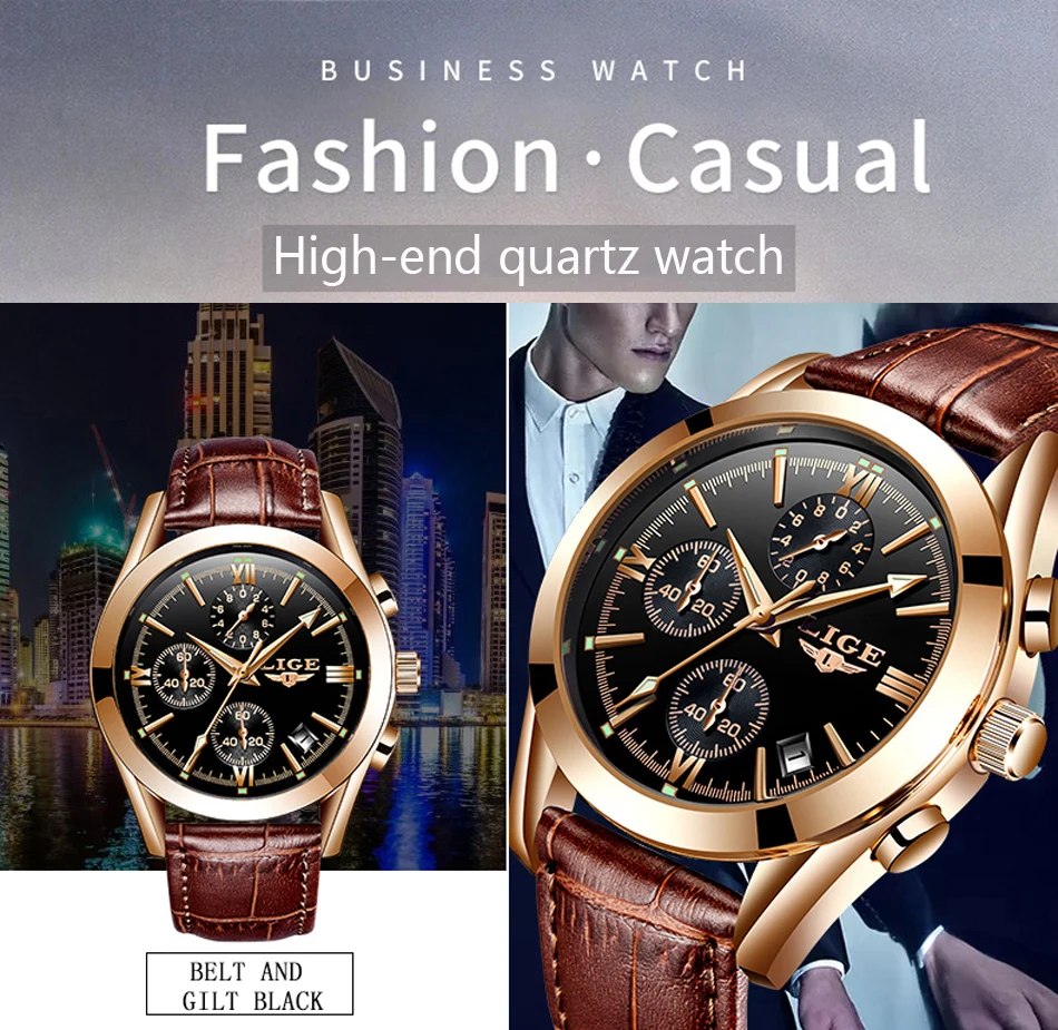 Montre homme LIGE модные золотые Для мужчин s часы кожа аналоговые кварцевые часы Для мужчин возможностью погружения на глубину до 30 м Водонепроницаемый спортивные с секундомером и календарем, мужские часы+ коробка