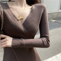 autumn winter womens knitwear sexy across v neck chic casual basic women sweater long sleeve slim knitted pullover