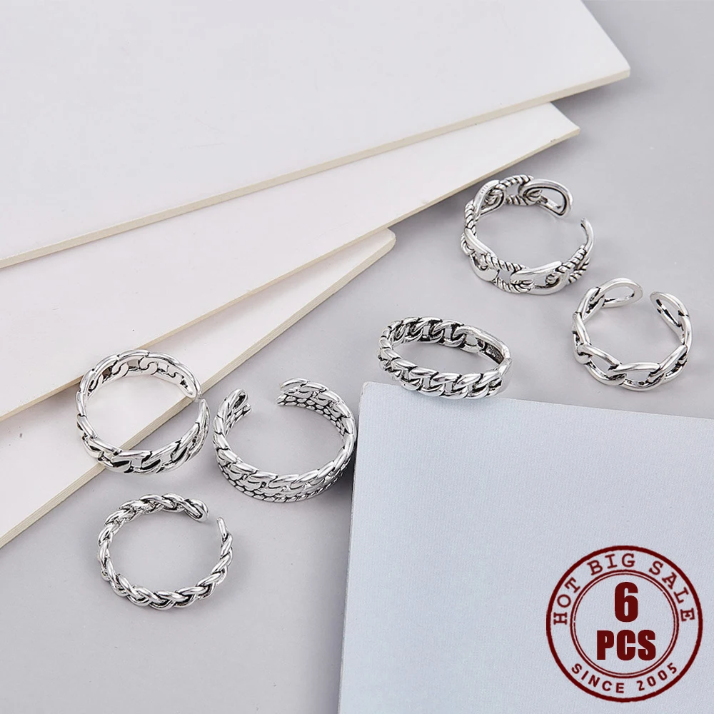 

6 Pcs Simple Silver Color Ring For Women Classic Vintage Opening Rings Finger Fine Female Jewelry Accessories Simple Best Gift