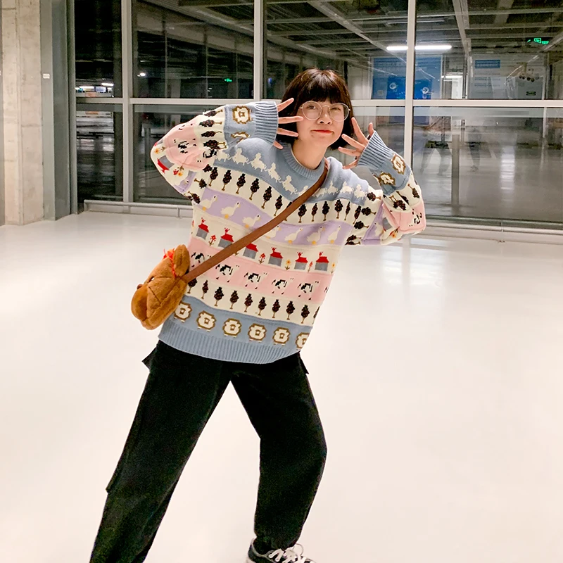 Autumn Japan Vintage Women Winter Pullover Sweater Animal Jacquard Ladies Loose Knitted Jumpers Thick Warm Long Sleeve | Женская одежда
