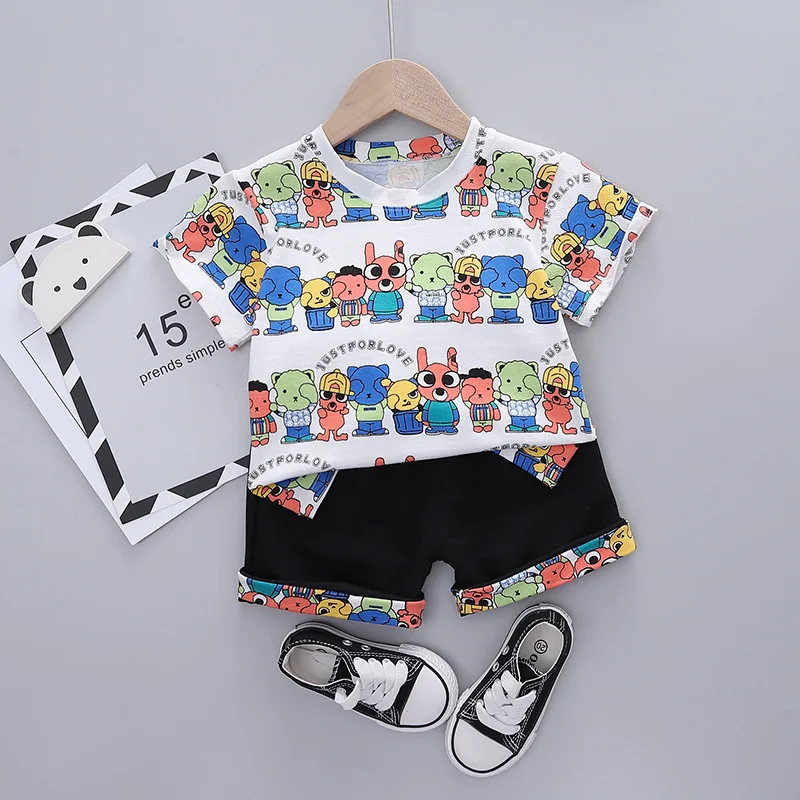 

2021 Summer Baby Boys Fully Print Cartoon Clothes Set Toddler Girls Animal Printed T-Shirt+Shorts Kids Fashion Clothing Suits