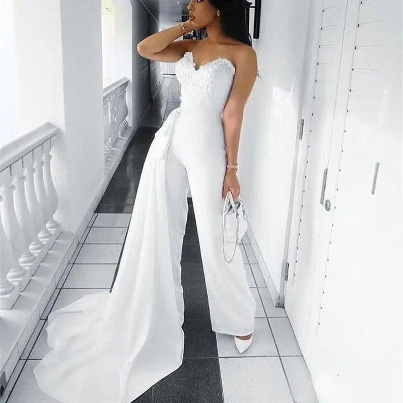 

White Jumpsuit Prom Dresses With Detachable Skirt Women Lace Formal Evening Gowns 2021 vestido de novia