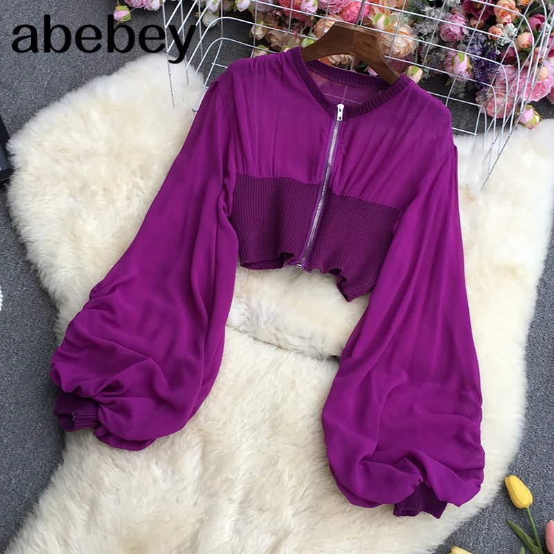 

Женская шифоновая рубашка на молнии, короткая трикотажная рубашка в стиле пэчворк с V-образным вырезом и рукавами-фонариками и высокой тали...