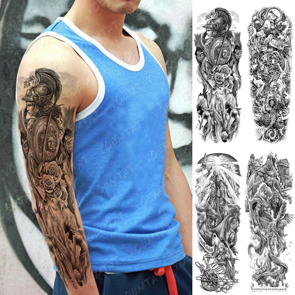 

Waterproof Temporary Full Arm Tattoo Sticker Brave Warrior God Skull Death Flash Tatoo Man Body Art Big Fake Sleeve Tatto Female