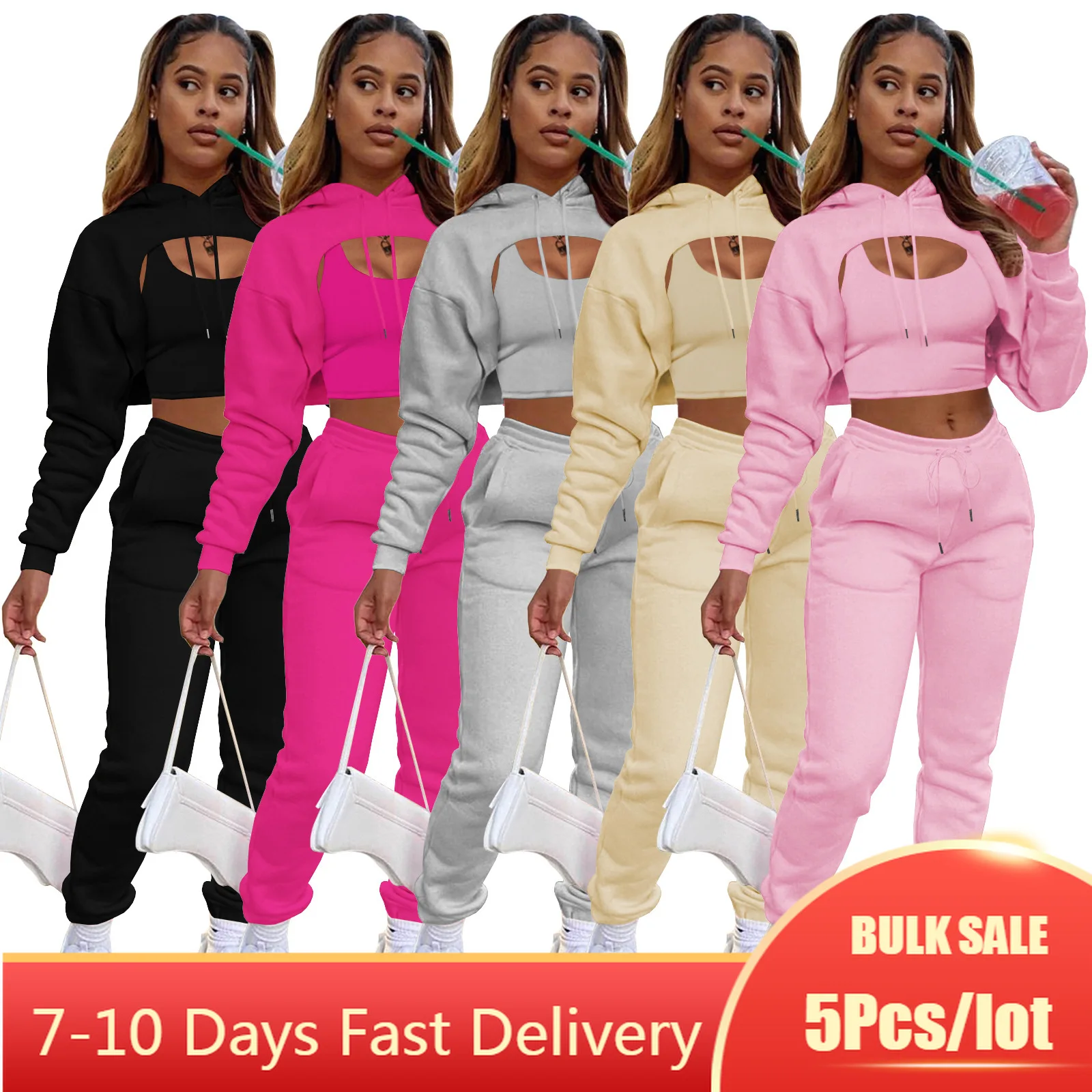 

5PCS Bulk Item Wholesale Lots 3 Piece Sets Women Hoodie Crop Tops Jogger Pants Set Fall Y2K Streetwear Activewear Tracksuits
