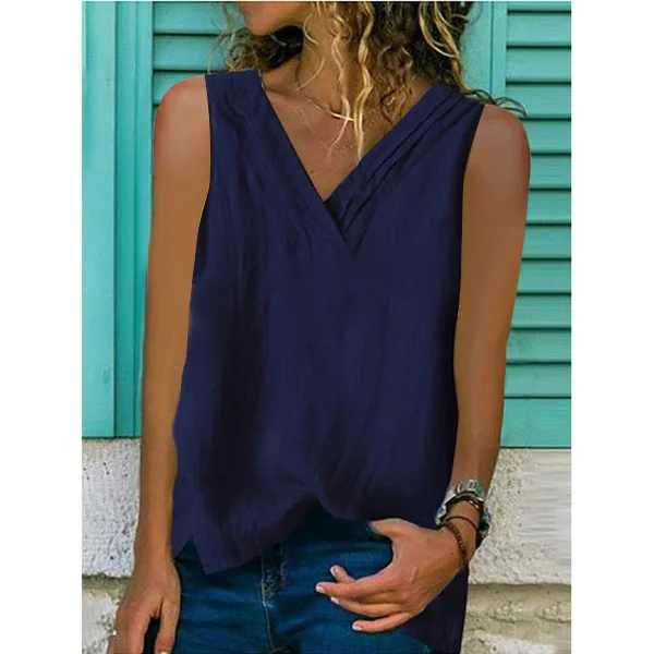 

2022 Summer Cotton Linen Women's Top Sleeveless V-neck White Tops Female Fashion Casual Tank Lady