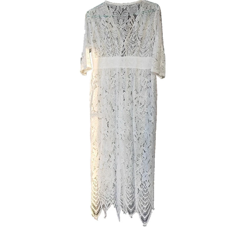 

Sexy Tunics For beach White Long Lace Beach Dress Women Swim Cover Up Saida De Praia Robe De Plage Kaftan Beach Cover Up