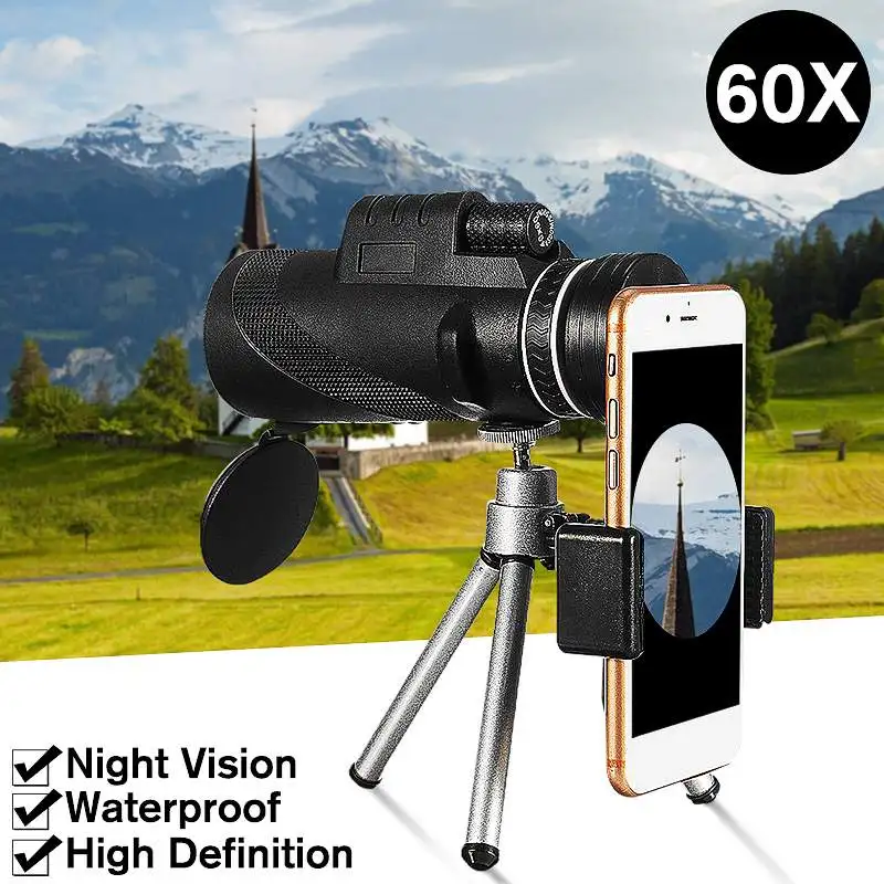 

40x60 Zoom Waterproof Night Vision Telephoto Lens HD Monocular Telescope with Tripod Universal for Android Smartphone Mobile