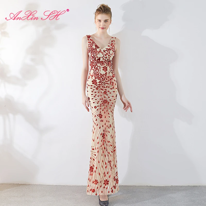 

AnXin SH vintage red flower mermaid evening dress party v neck beading crystal black sleeveless trumpet evening dress 1211